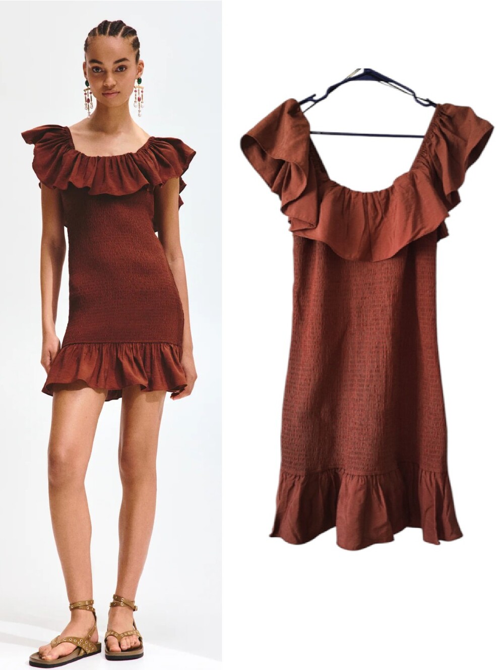 H&M Rust Brown Flounced Off The Shoulder Mini Dress Medium NWT Boho